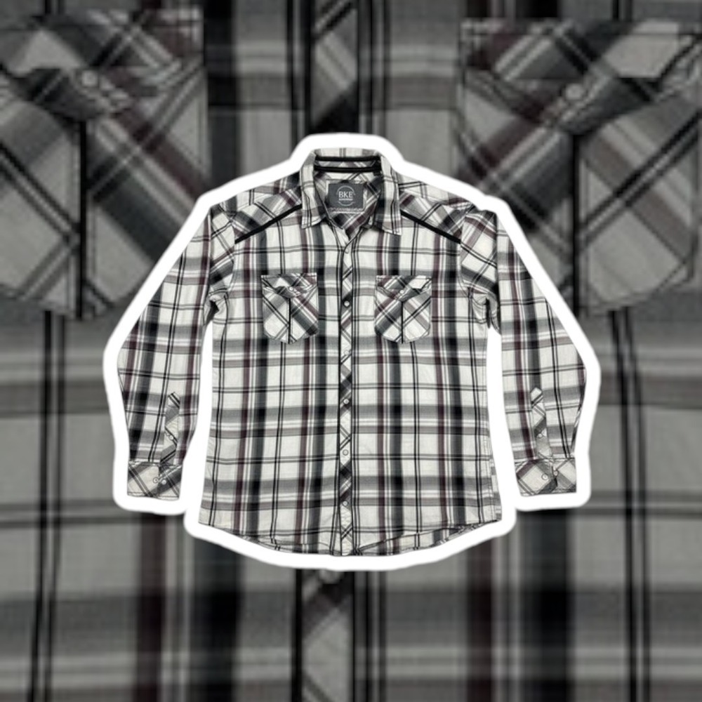 BKE Athletic Fit Flannel Pearl Snap Shirt XXL Red Gray Plaid Western Long Sleeve